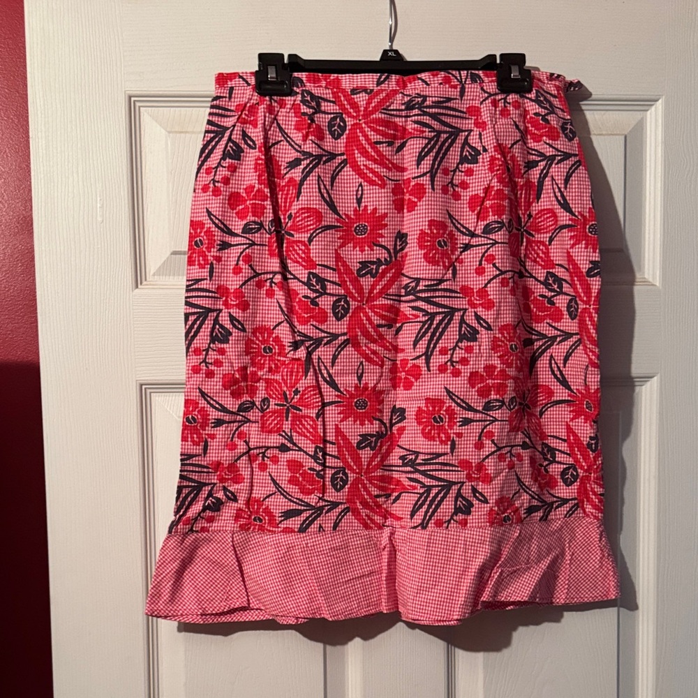 Women's Red Floral Midi Skirt with Ruffle Hem
